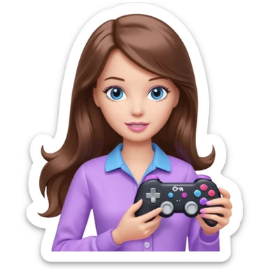 beautiful barbie girl with long brown hair, blue eyes and wearing light purple clothes playing console games with controller sticker