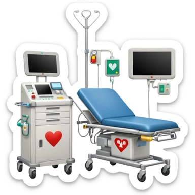 An emergency room corner with defibrillator, monitors, and crash cart.
 sticker