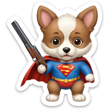 a puppy in superman suite carying a shotgun sticker