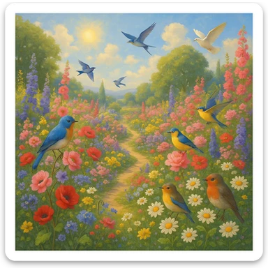 utopian garden with flowers, birds, and no cats in sight sticker