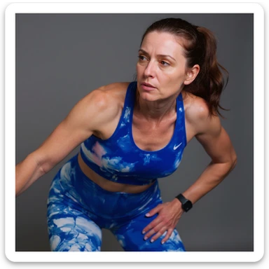 Realistic style image of a woman in sportswear inspired by the reference photo, slightly bent forward holding the right hip due to pain, neutral background. sticker
