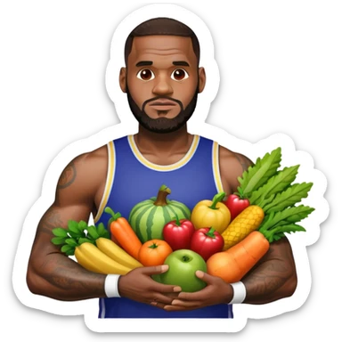 LeBron James with arms full of colorful fruits and vegetables sticker