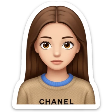 Une fille avec des faux cils, des yeux, marrons, des cheveux lisses un pull Chanel sticker