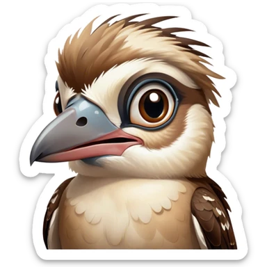Cinematic Comical Kookaburra Portrait Emoji, Head tilted dramatically with an exaggeratedly amused expression, featuring a strikingly patterned brown and cream plumage with wide, expressive eyes filled with playful disbelief, Simplified yet hilariously expressive features, highly detailed, glowing with a slightly sassy glow, high shine, dramatic yet playful, stylized with an air of cheeky bushland mischief, bright and endearing, soft glowing outline, capturing the essence of a spirited and over‐the‐top kookaburra, so meme‐worthy it feels like it could cackle its way into internet fame instantly! sticker