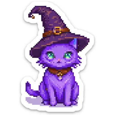 A purple witch cat, pixel art style, sitting. sticker