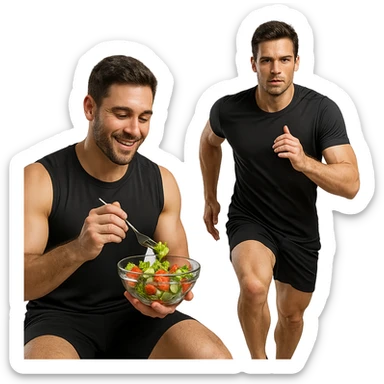 UOMO FITNESS CHE MANGIA INSALATA ACCANTO A UOMO FITNESS CHE CORRE IN POSA FRONTALE sticker