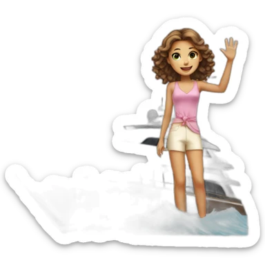 Girl waving from a luxury yacht  sticker