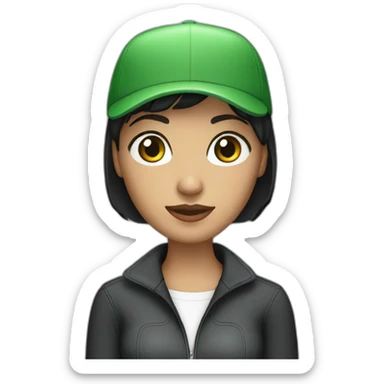 woman with black bob haircut, green eyes, and a cap, behind laptop sticker