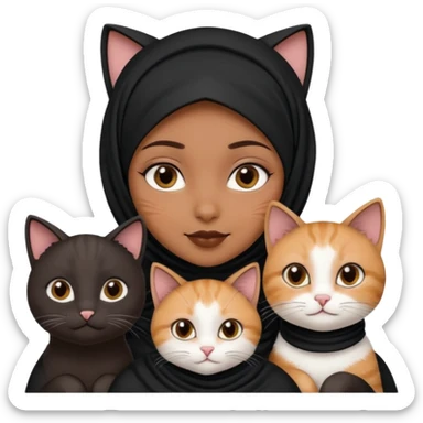 A girl with brownblack eyes and black hijab and three cats, one blackwhite girlcat and one blackwhite boy cat sticker