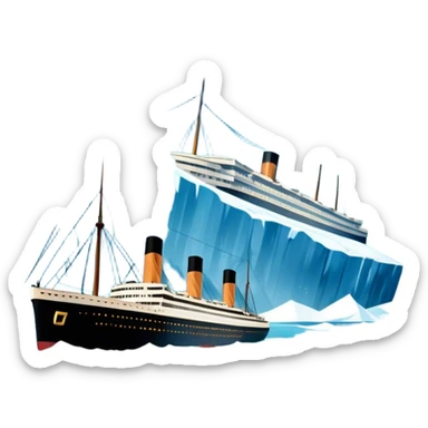 Icon for Titanic Movie: A vintage movie poster-style design featuring a dramatic scene of the ship, the iceberg, and a romantic silhouette of the main couple. Include elements like the ship’s bow, water splashes, and a starry sky in the background. Retro cinematic feel. Transparent background. sticker