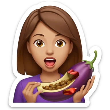 Brown hair light skin woman mouth open about to eat an eggplant sticker