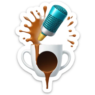 big microphone falling inside a coloured coffee mug and coffee splash sticker