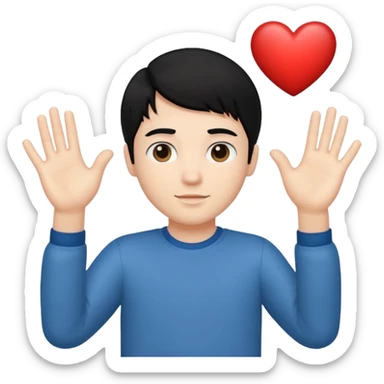 White boy with black hair holding up heart hands sticker