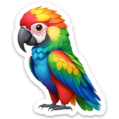 Cinematic Noble Macaw Portrait Emoji, Poised and regal, with vibrant, iridescent feathers in a spectrum of brilliant colors and sharp, intelligent eyes, Simplified yet sharp and sophisticated features, highly detailed, glowing with a soft, tropical radiance, high shine, majestic and graceful, stylized with an air of exotic elegance, focused and alert, soft glowing outline, capturing the essence of a watchful and confident avian guardian that seems ready to soar out of the screen with effortless authority! sticker