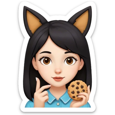 Black haired girl, black fox ears, holding chocolate chip cookie sticker