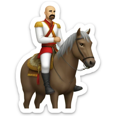 a Cossack warrior sitting on a horse in a field. The Cossack has a shaved head and a long strand of hair on one side. He has a thick, curved mustache and wears a gold earring in his left ear. He is wearing a simple white shirt and red pants sticker