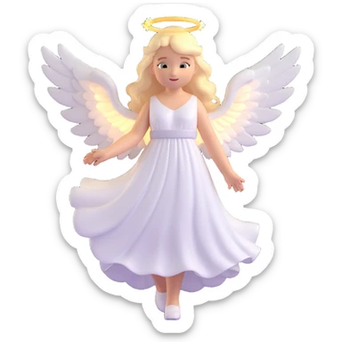 blonde angel girl with glowing white wings, gentle halo above her head, wearing flowing white dress, radiating purity and light, 3D emoji style sticker