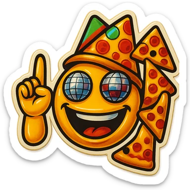 Make the left hand clearly form a finger gun gesture, while keeping the rest of the emoji the same: laughing face with disco ball eyes, tilted party hat, and holding pizza in the other hand, with no background. sticker