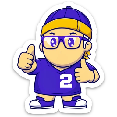 Man with black and white cap, purple sports jersey with number 32, clear glasses, disheveled light blond mullet hairstyle, thumbs up gesture, relaxed expression sticker