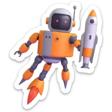 robot with rocket thrusters taking off sticker
