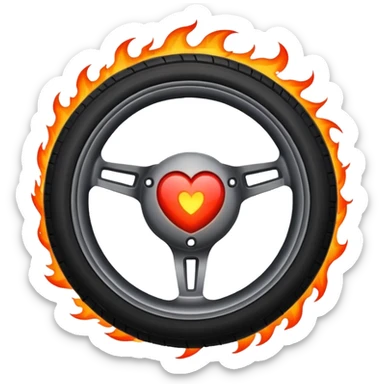 a burning car wheel, and in the center of the wheel there is a red heart sticker