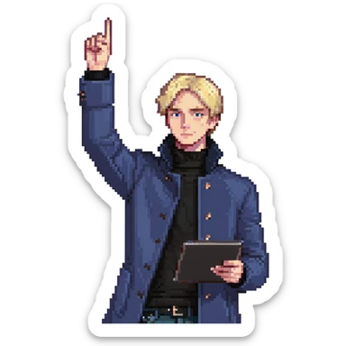 Flat pixel art, bold and charismatic male leader, Caucasian, short neat blonde hair, sharp eyes, indigo coat over black turtleneck, one arm raised pointing out, holding tablet, waist-up, front-facing sticker