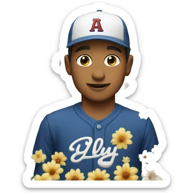 boy in baseball cap that says FLOWER GUY in white text sticker