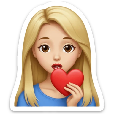 A girl with long brown hair and blonde front pieces sending a kiss/heart sticker