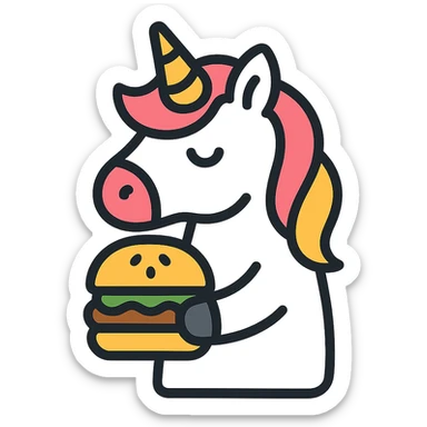 unicorn with a hamburger, minimalist, modern, lineal color icon with black outlines sticker