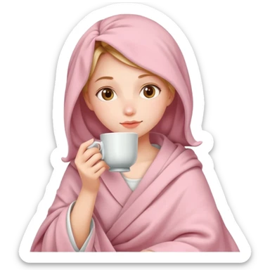 Милая девушка  и пьет чай укутавшись светло розовым пледом  sticker