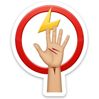 invented traffic sign: red circle with open palm and lightning bolt drawn, diagonal prohibition line sticker