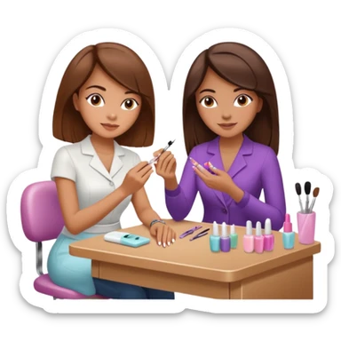 A realistic illustration of a girl with medium-length thick brown hair sitting at a manicure table. Another girl is carefully doing her nails, using professional manicure tools. Soft natural lighting, clean salon environment, detailed hands and nail work, warm and pleasant atmosphere. sticker