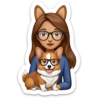 A girl with long brown hair and glasses is holding a corgi sticker