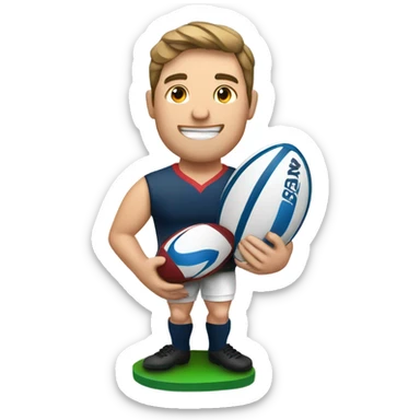 A male rugby player holding a rugby ball in one hand and holding up a trophy in the other sticker