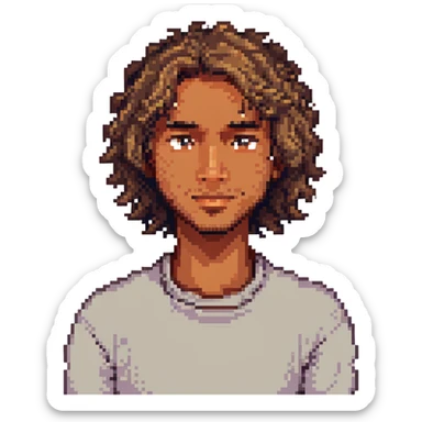 a man with wavy hair, medium brown skin, and a small mole on his left cheek, pixel art style sticker