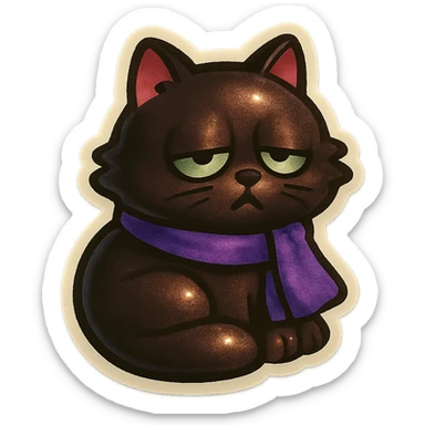 Fluffy sleepy tired dopey cute dark-brown cat with green eyes and a purple scarf  sticker