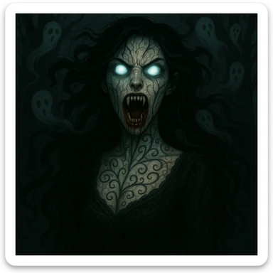 Make the beautiful scary girl even scarier with extreme supernatural horror features, more disturbing and haunting, while keeping her gothic beauty. Enhance the supernatural and horror elements to create a deeply unsettling and haunting atmosphere. sticker