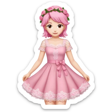 pastel anime woman with pink and white lace dress full body and roses in hair sticker