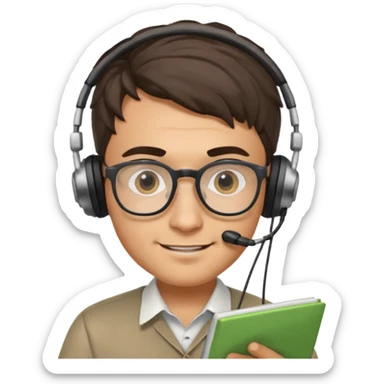 young Italian man, intelligent and focused, doing data analysis, wearing glasses and small headphones, smiling sticker