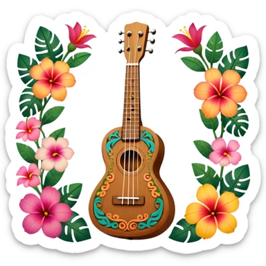 Ukulele with Polynesian carvings with flowers behind it sticker