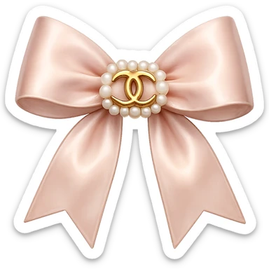 Remove the background, keep only the elegant bow with pearls and gold Chanel logo, glossy, pastel colors, realistic style, with no background. sticker
