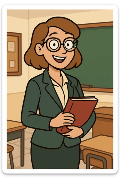 female teacher character with glasses, standing and smiling, holding a book, in a classroom setting, approachable and professional, cartoon style sticker