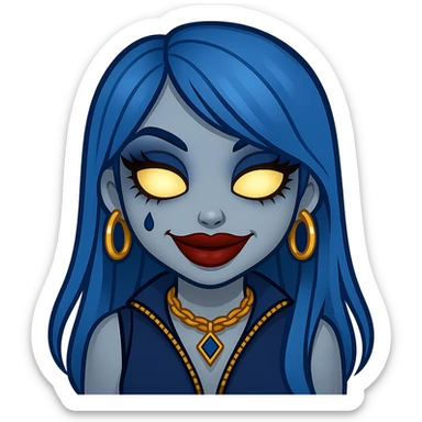 Add glowing eyes to the character, keep the creepy gyaru style with blue hair and pretty makeup, bratz baddie vibe, in emoji style with no background. sticker