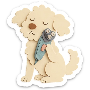soft pastel electric shaver dog brushing its fuzzy face, creamy beige tones, full-body sticker
