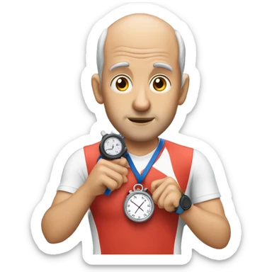 Cross country coach holding a stopwatch who is slightly balding sticker