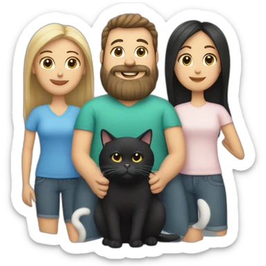 Family photo a fat husband with a beard is holding a white cat and wife with straight hair is holding another black cat sticker
