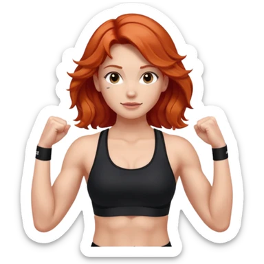 Athletic girl with long light red wavy hair and smaller boobs bigger arms. middle part and black sports bra sticker