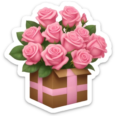 Box of pink roses with a light pink ribbon around the box sticker