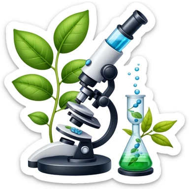 An icon featuring a DNA helix, a microscope, and a plant leaf, symbolizing biology. The design includes animal cells, a test tube, representing the study of life forms, ecosystems, and genetics. Transparent background highlights the exploration of living organisms. sticker