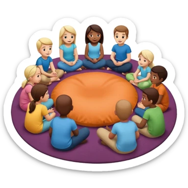 создай стикер где ребята сидят и обсуждают на утреннем круге какую то историю поддерживающая атвосверав, ребята сидят в полукруге на коврике и на мягких мешках sticker